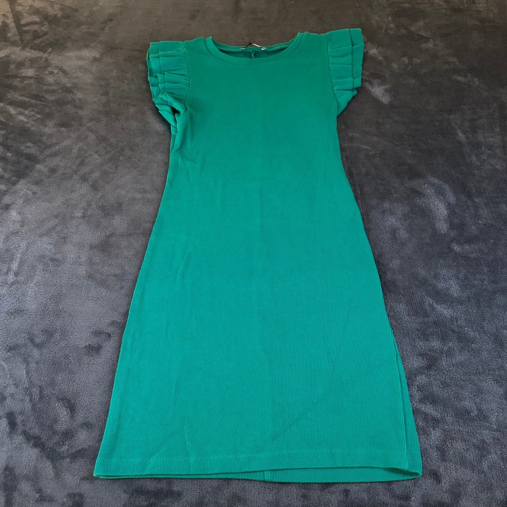 Zara Ribbed Knit Dress Ruffle Sleeve Green Mini Casual Stretch Womens‎ Medium